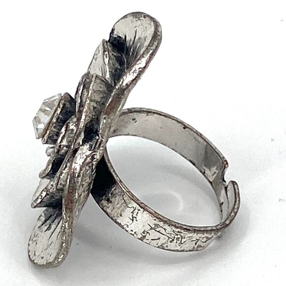 Silver Tone Metal Flower Rhinestone Bling Adjustable Ring Costume Jewelry 7.25 - Picture 2 of 6